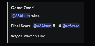 Scoreboard: 63Abum 5 - 4 refware. Wager: waves vs inv.
